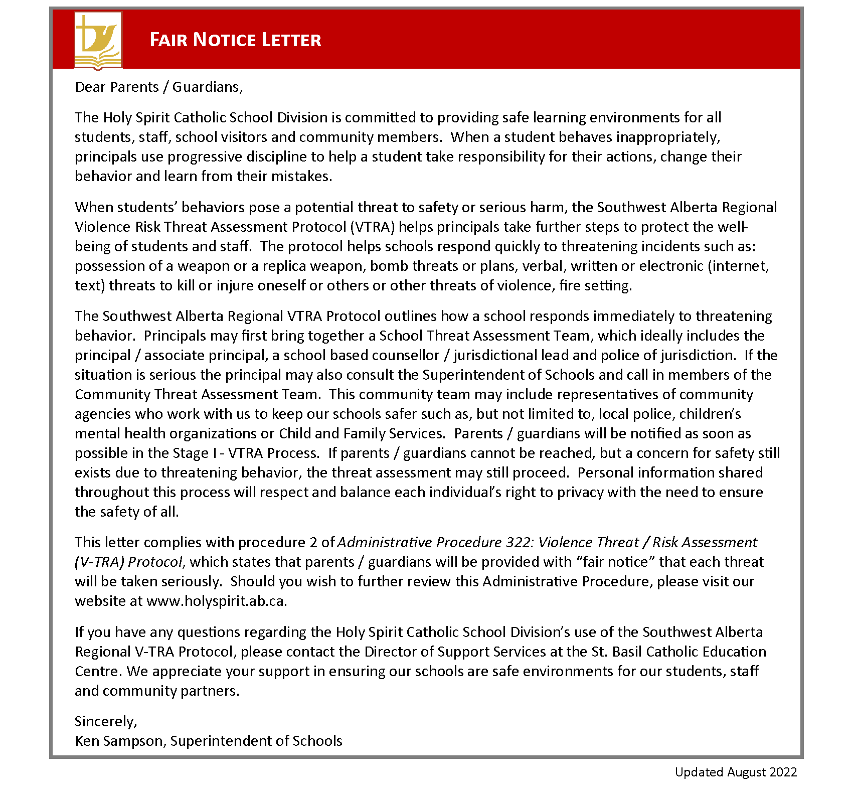 Fair Notice Letter - August 2022